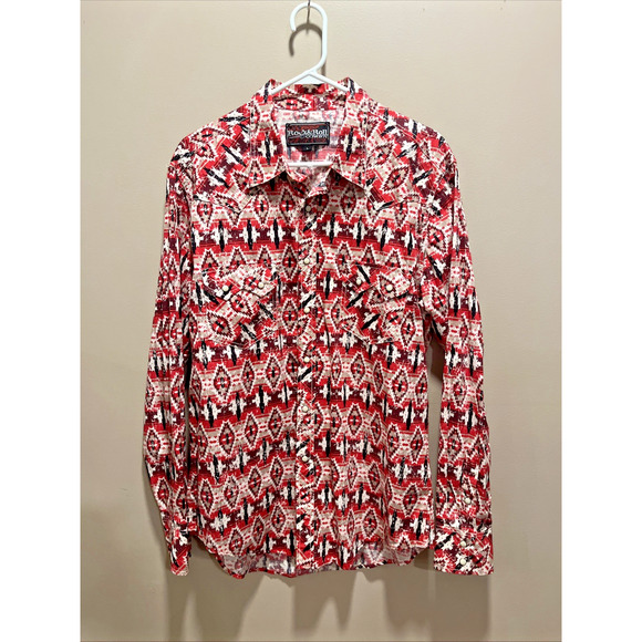 Rock & Roll Cowboy Men's Aztec Print Red/White Snap Button Shirt L Rodeo Western - Picture 1 of 11